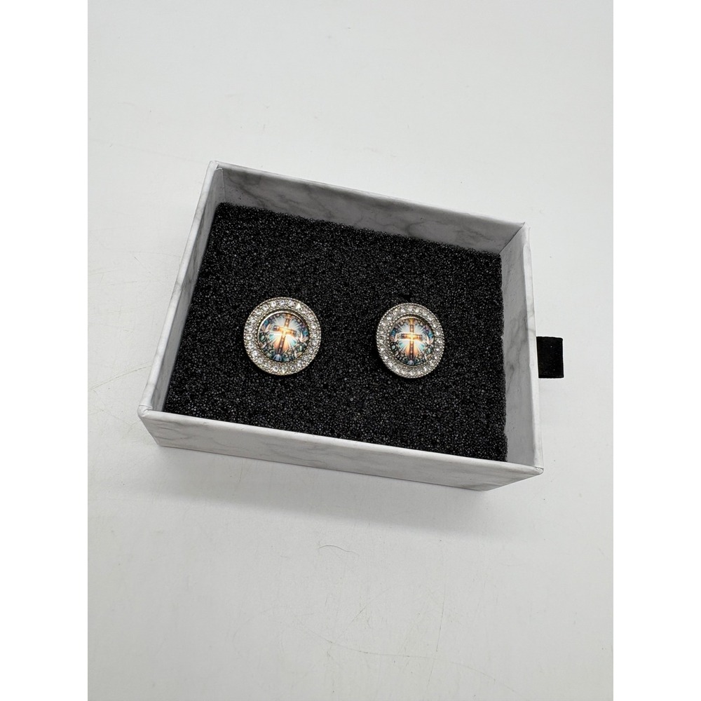 Religious Cross and Doves Rhinestone Halo Round Stud Earrings Silver Tone